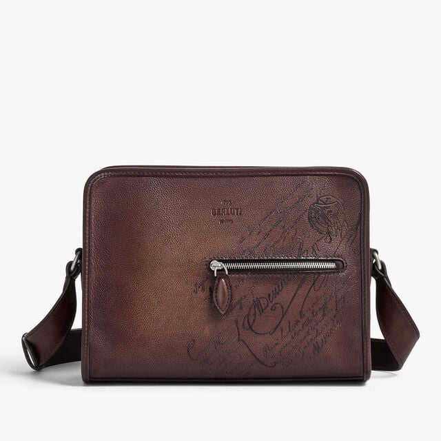 Journalier Scritto图纹皮革邮差包, SOFT BROWN, hi-res 8
