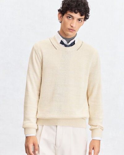 皮革编织圆领衫, Off White, hi-res