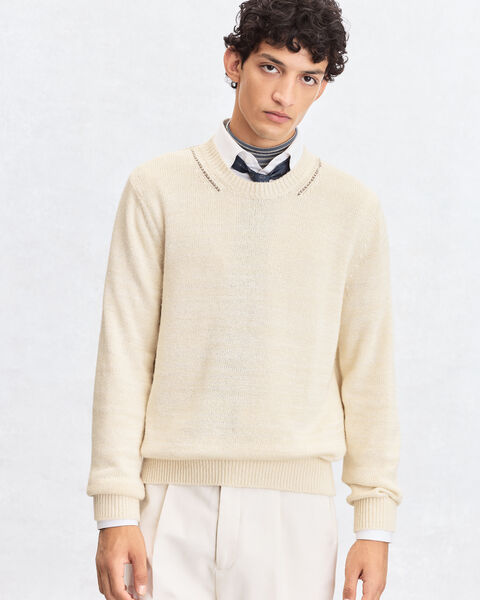 Leather Braiding Crewneck, Off White, hi-res