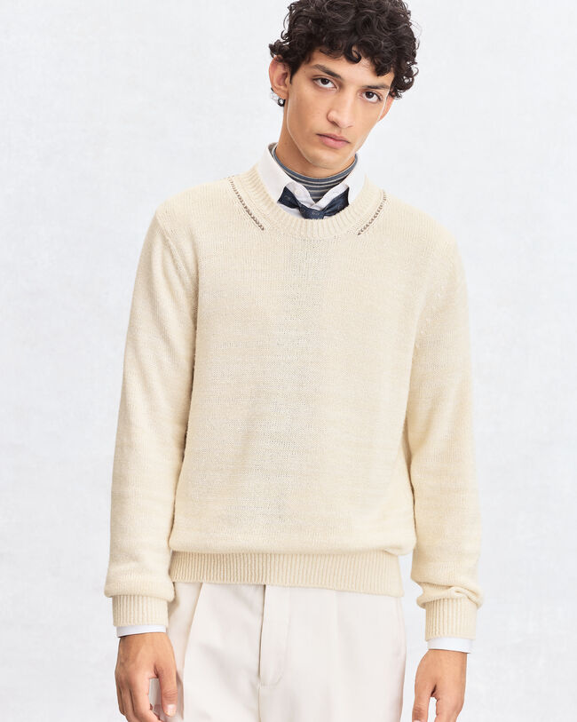 Leather Braiding Crewneck, Off White, hi-res