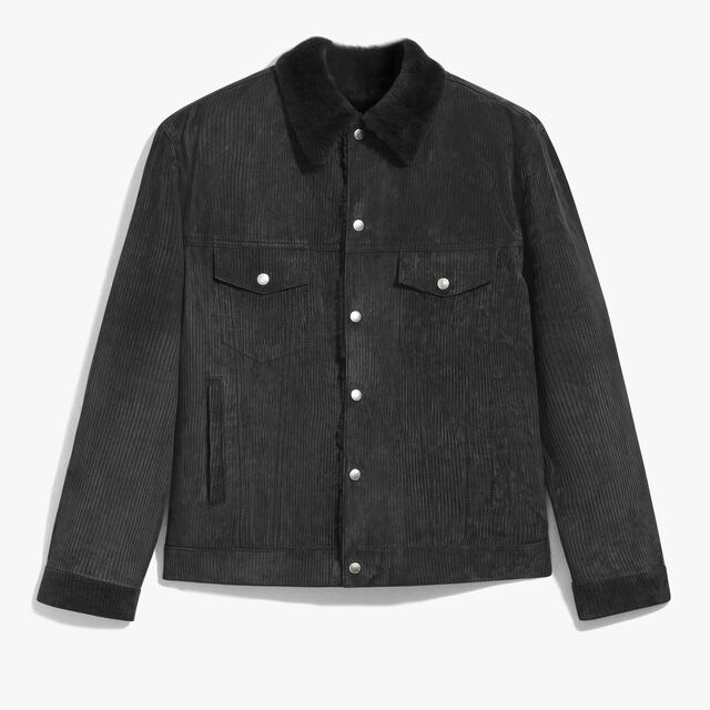 Corduroy Denim Jacket with Shearling Inside, ANTHRACITE, hi-res 1