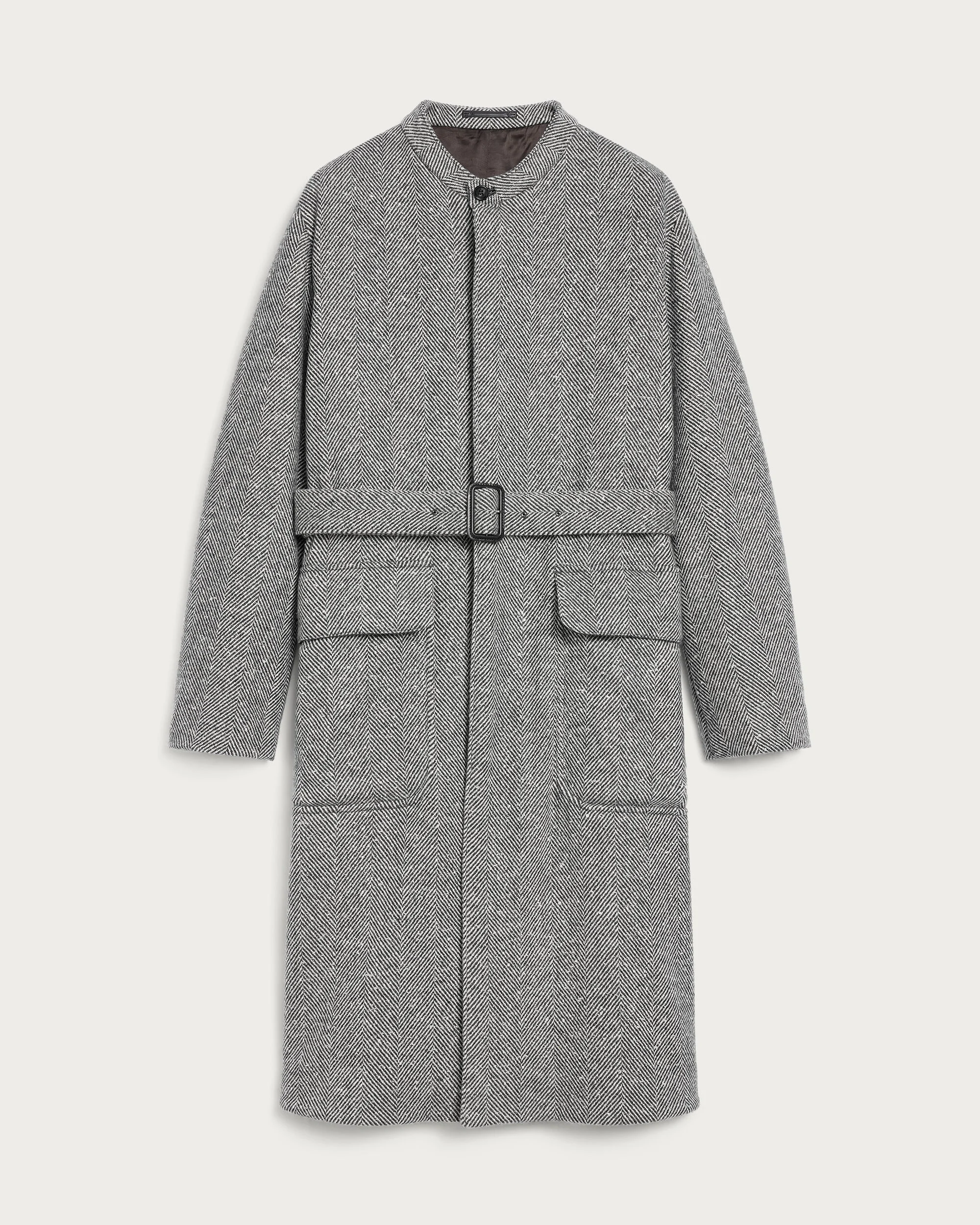 Herringbone Foresti&egrave;re Coat with Leather Details, Grey Melange, hi-res