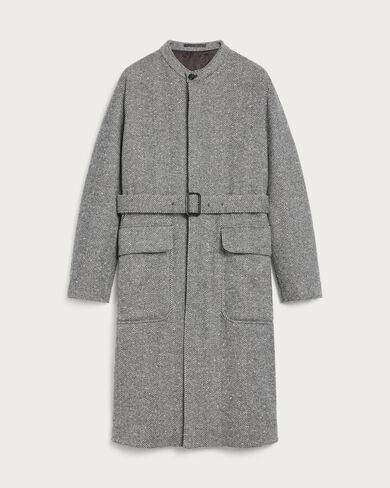 Herringbone Foresti&egrave;re Coat with Leather Details, Grey Melange, hi-res