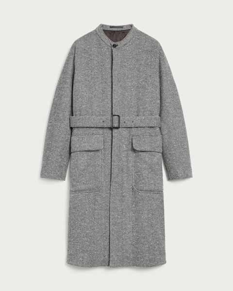 Herringbone Foresti&egrave;re Coat with Leather Details, Grey Melange, hi-res