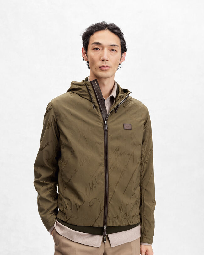 Scritto Pattern Hooded Blouson with Leather Details, Kaki, hi-res