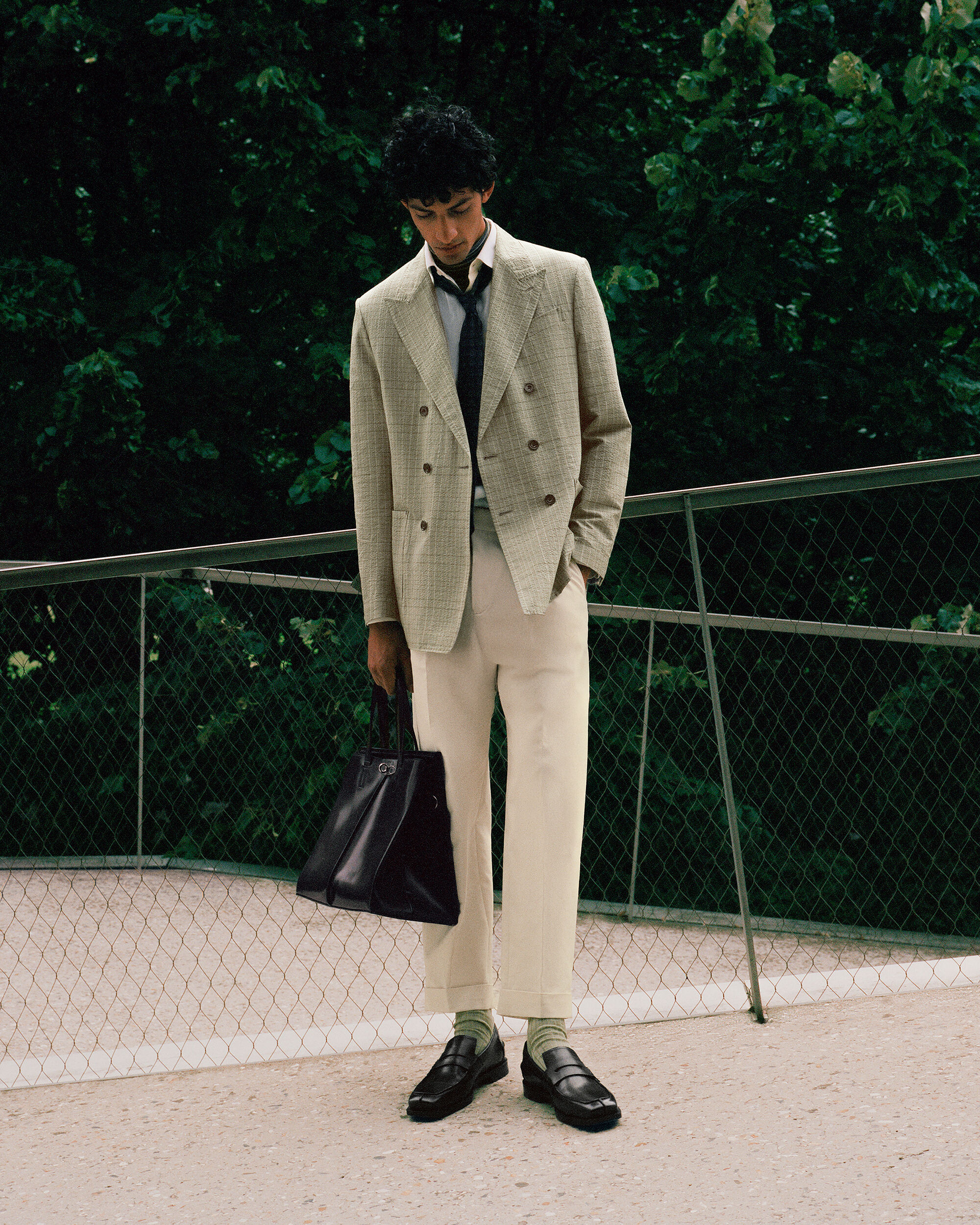 Relaxed Trousers with Leather Detail, Salvia, hi-res