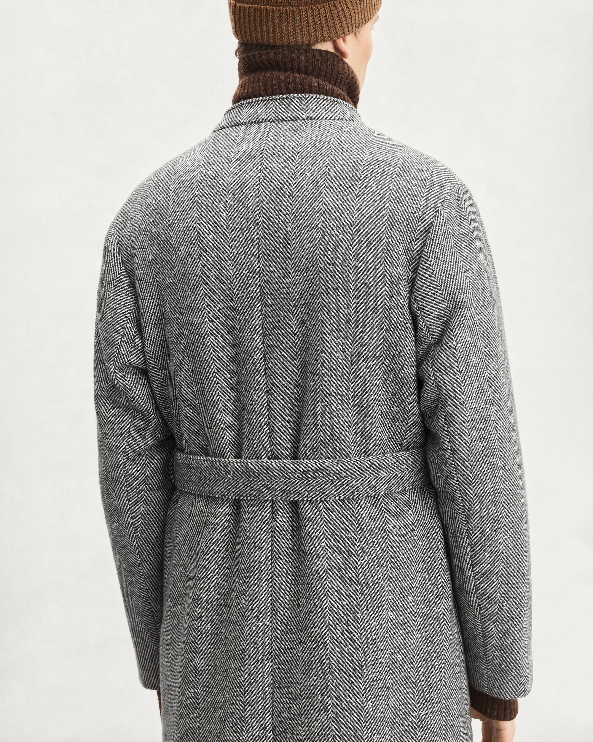 Herringbone Foresti&egrave;re Coat with Leather Details, Grey Melange, hi-res