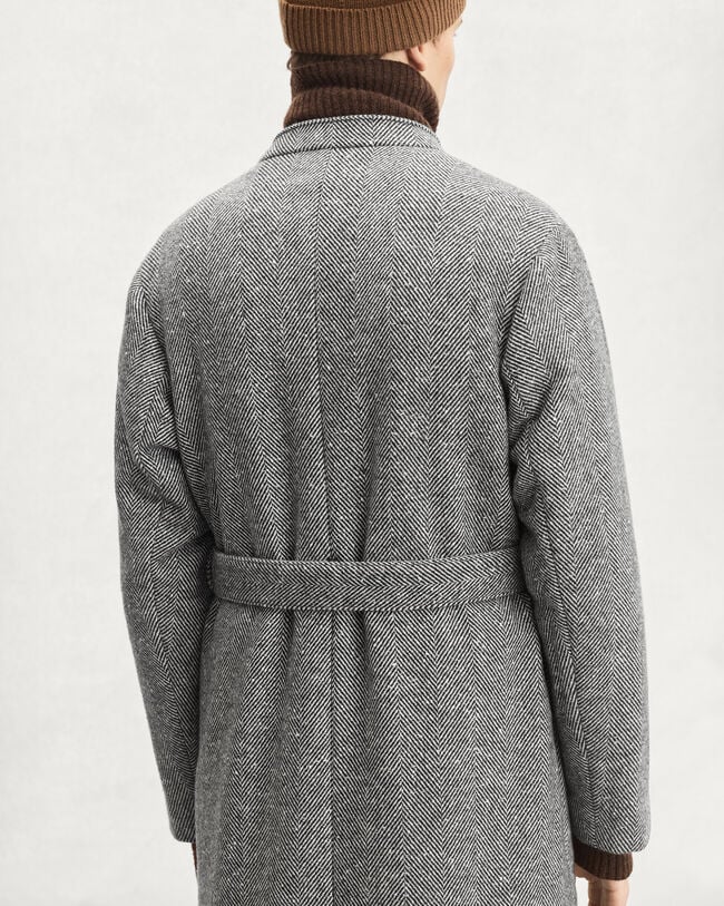 Herringbone Foresti&egrave;re Coat with Leather Details, Grey Melange, hi-res