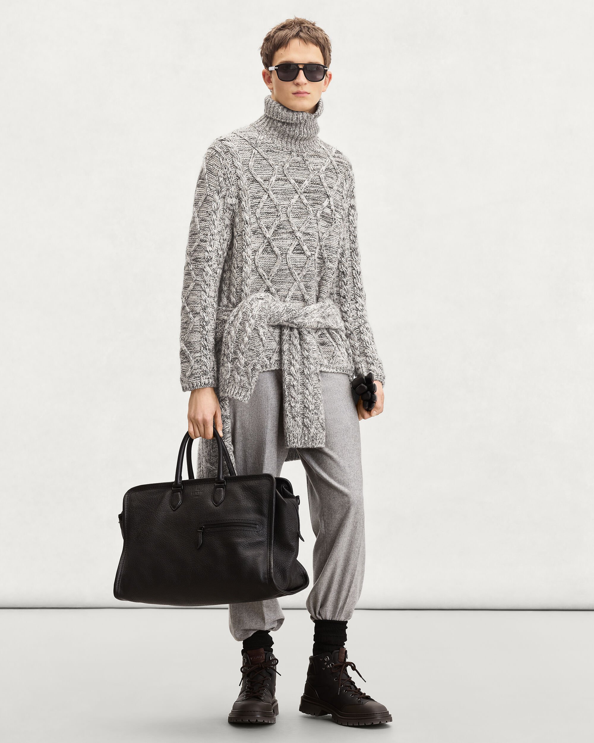 皮革细节混色绞花高领衫, Ecru & Noir, hi-res