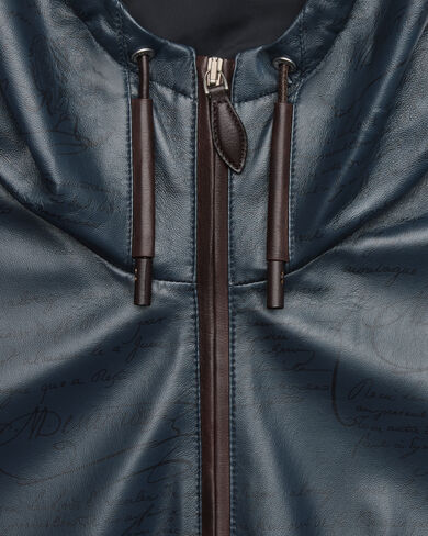 Ultralight Fly Scritto Pattern Leather Hooded Blouson, Mineral Blue, hi-res