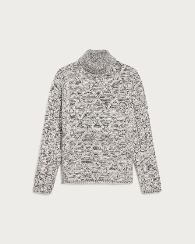 皮革细节混色绞花高领衫, Ecru & Noir, hi-res