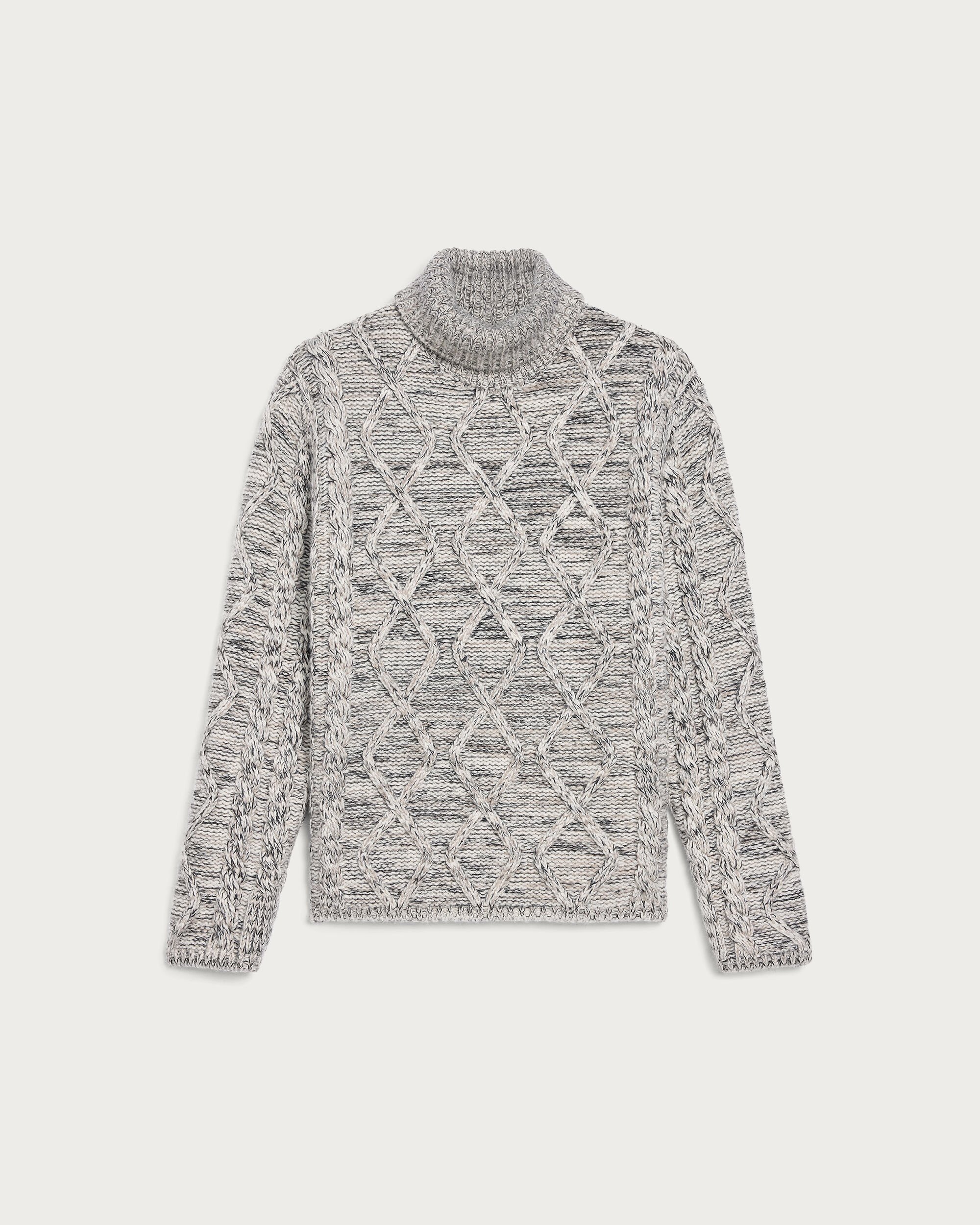 皮革细节混色绞花高领衫, Ecru & Noir, hi-res