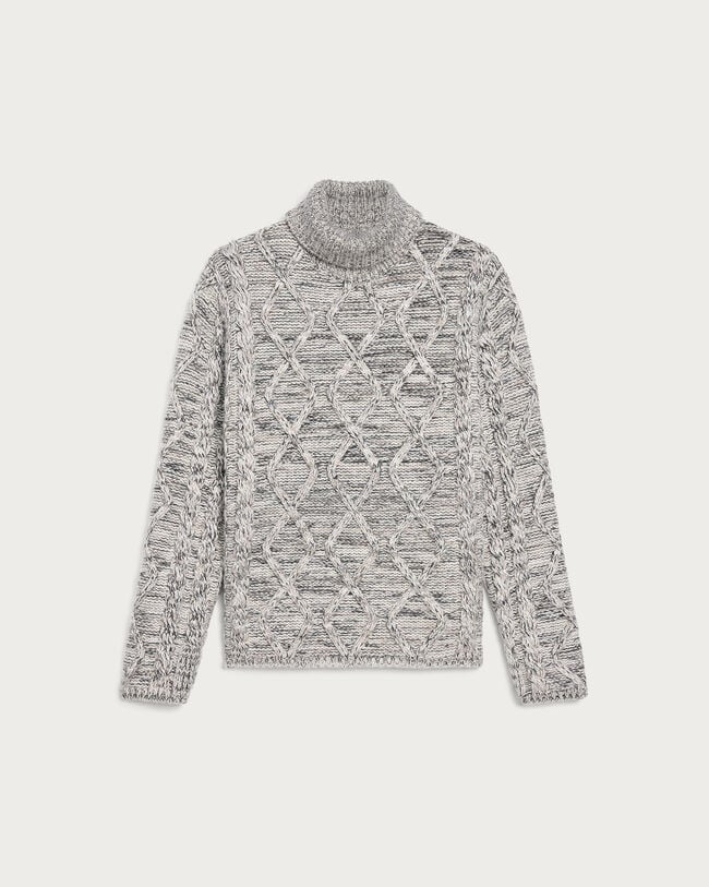 皮革细节混色绞花高领衫, Ecru & Noir, hi-res