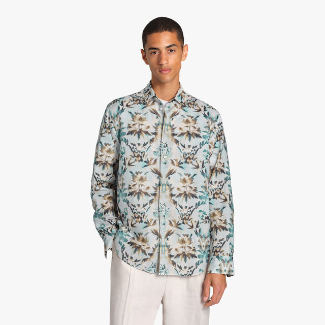 Linen & Cotton Printed Box Fit Shirt, BEIGE / BABY BLUE, hi-res 3