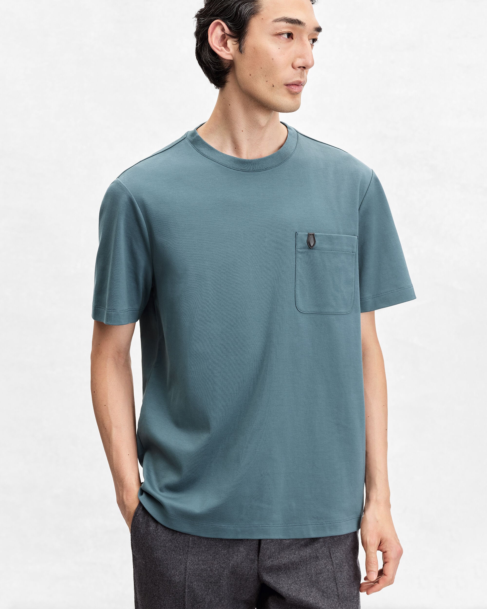 Pocket T-shirt with Leather Detail, Stone Blue, hi-res