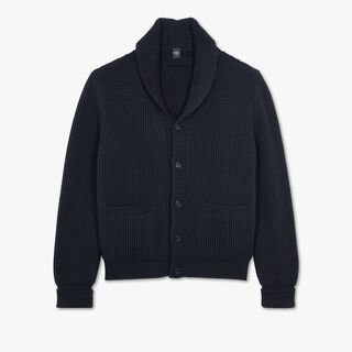 Textured Wool Cardigan With Leather Detail, COLD NIGHT BLUE, hi-res