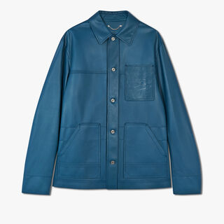 Leather Field Jacket With Scritto Pocket, DEEP EMRALD BLUE, hi-res
