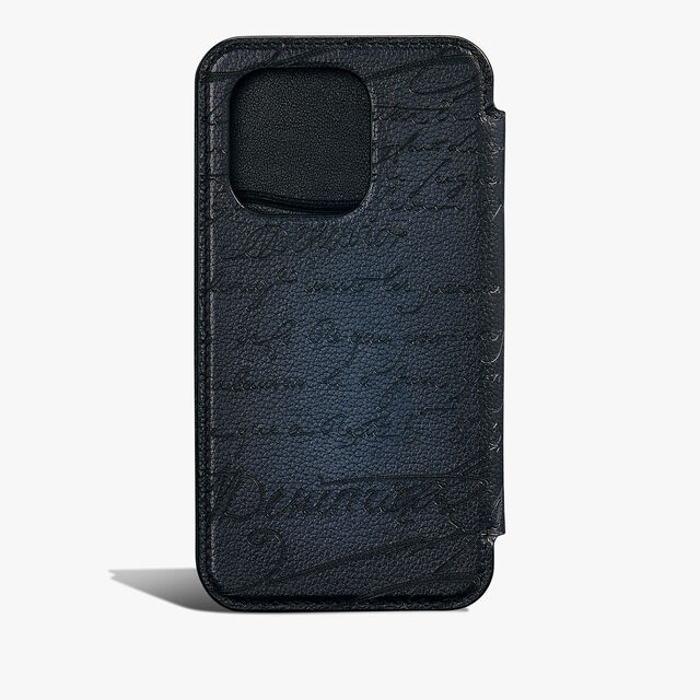Étui iPhone 16 Pro Folio En Cuir Scritto, INDIGO DENIM, hi-res 2