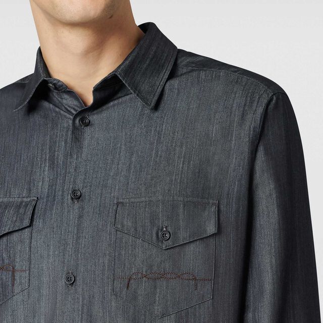 Cotton & Silk Denim Shirt, INDIGO, hi-res 6