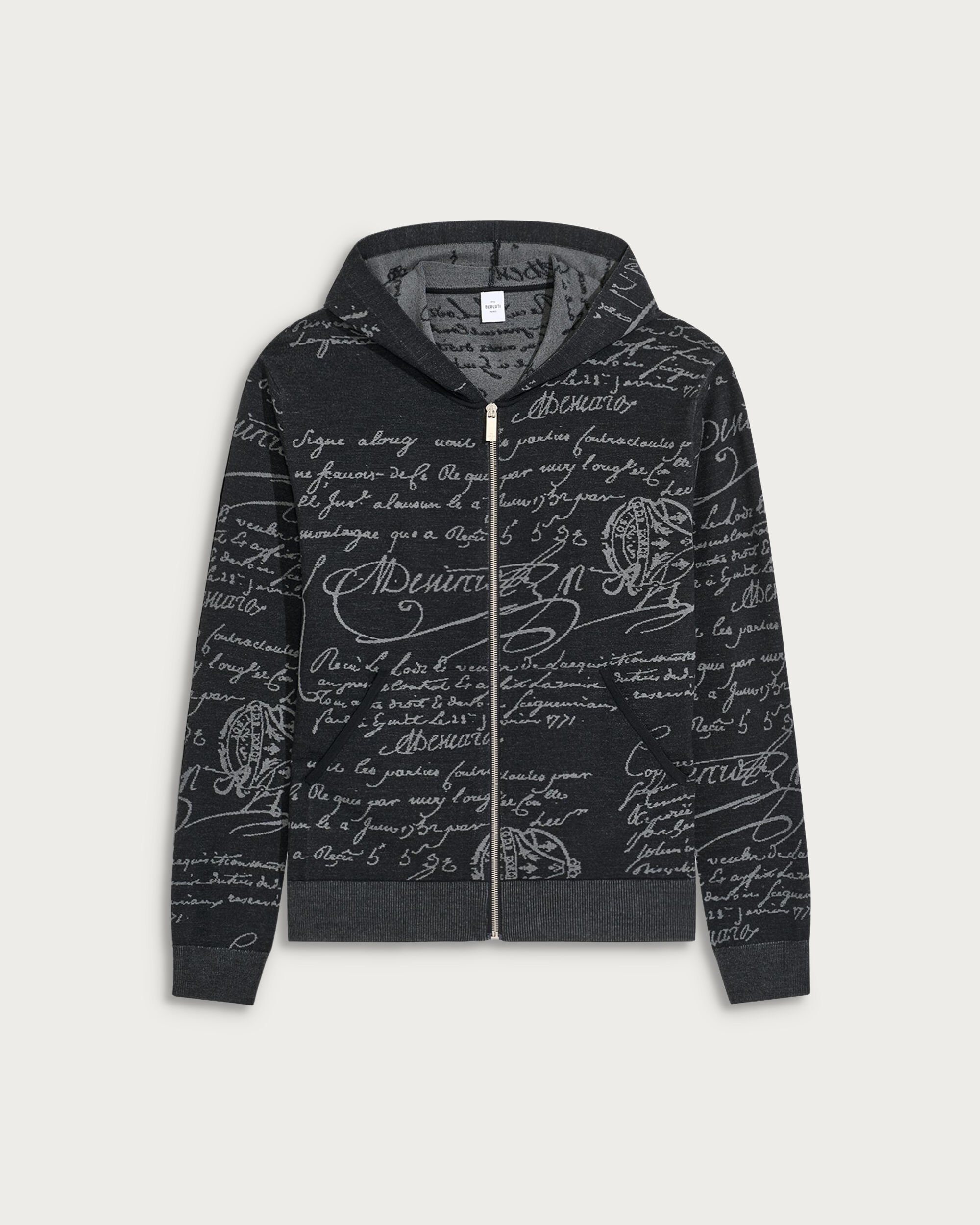 Scritto Pattern Zipped Hoodie, Noir, hi-res