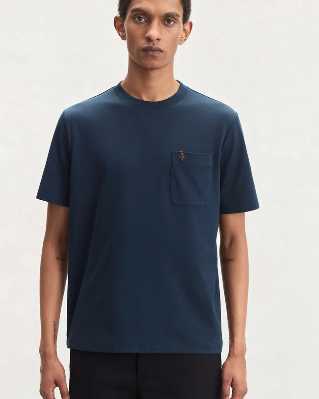 Pocket T-shirt with Leather Detail, Marine, hi-res