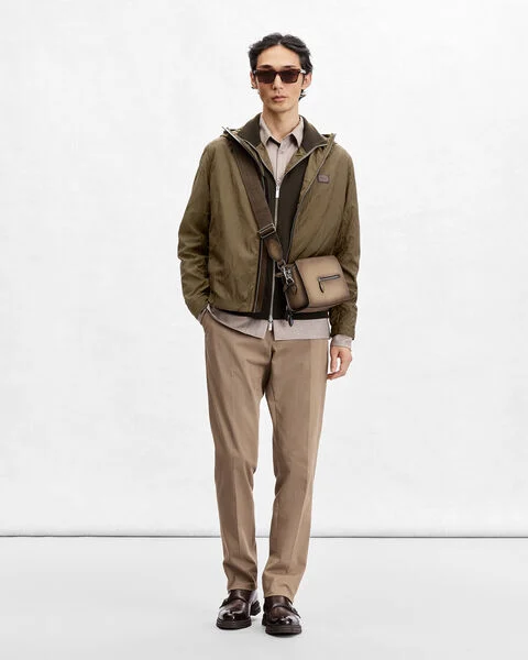 Scritto Pattern Hooded Blouson with Leather Details, Kaki, hi-res