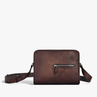 Journalier Scritto图纹皮革邮差包, SOFT BROWN, hi-res