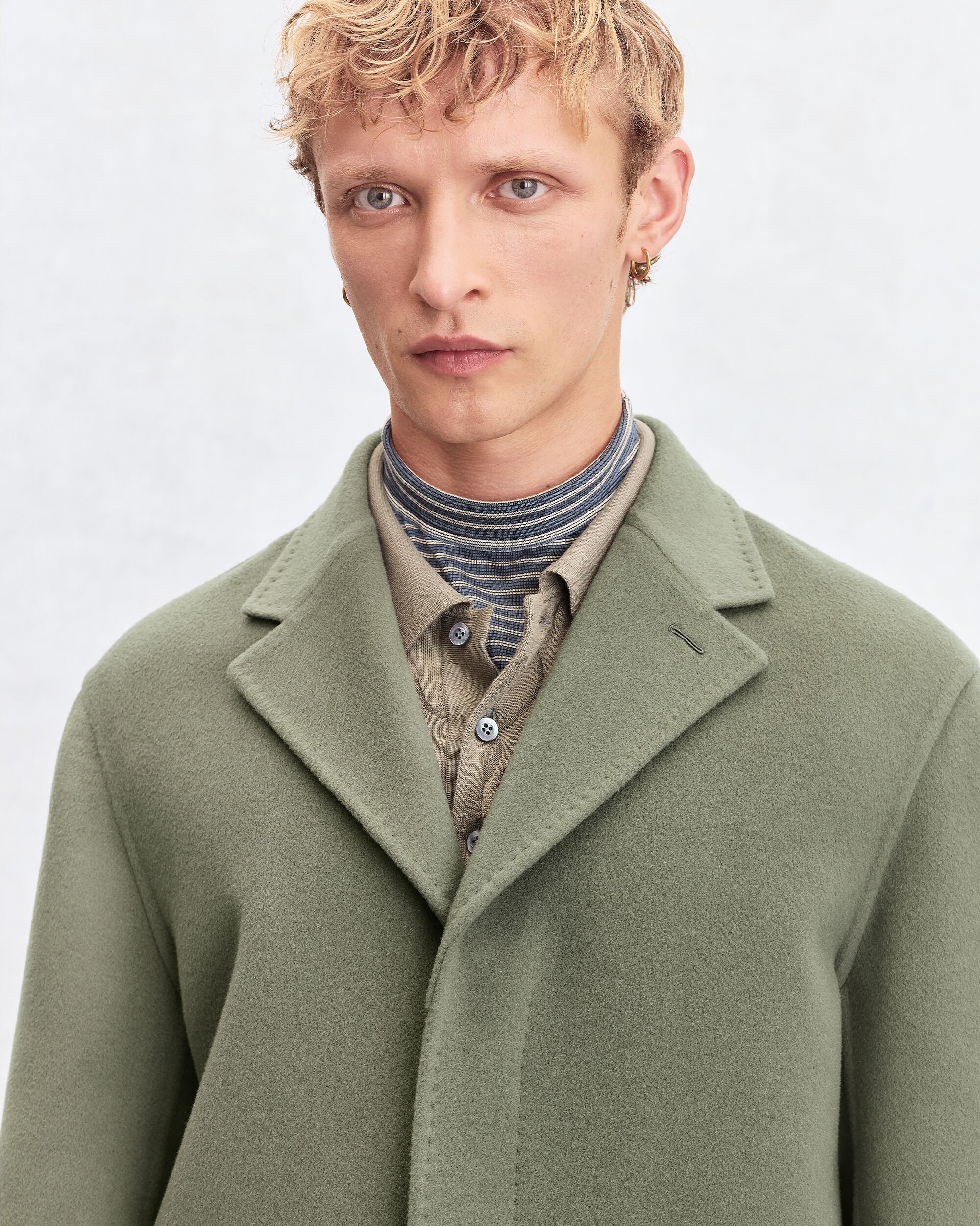 Double Face Coat with Leather Details, Kaki & Internal Giant Scritto, hi-res