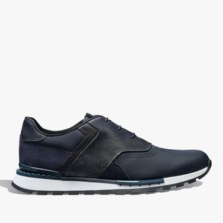 ファスト トラック ナイロン＆スクリット レザースニーカー, INDIGO DENIM, hi-res