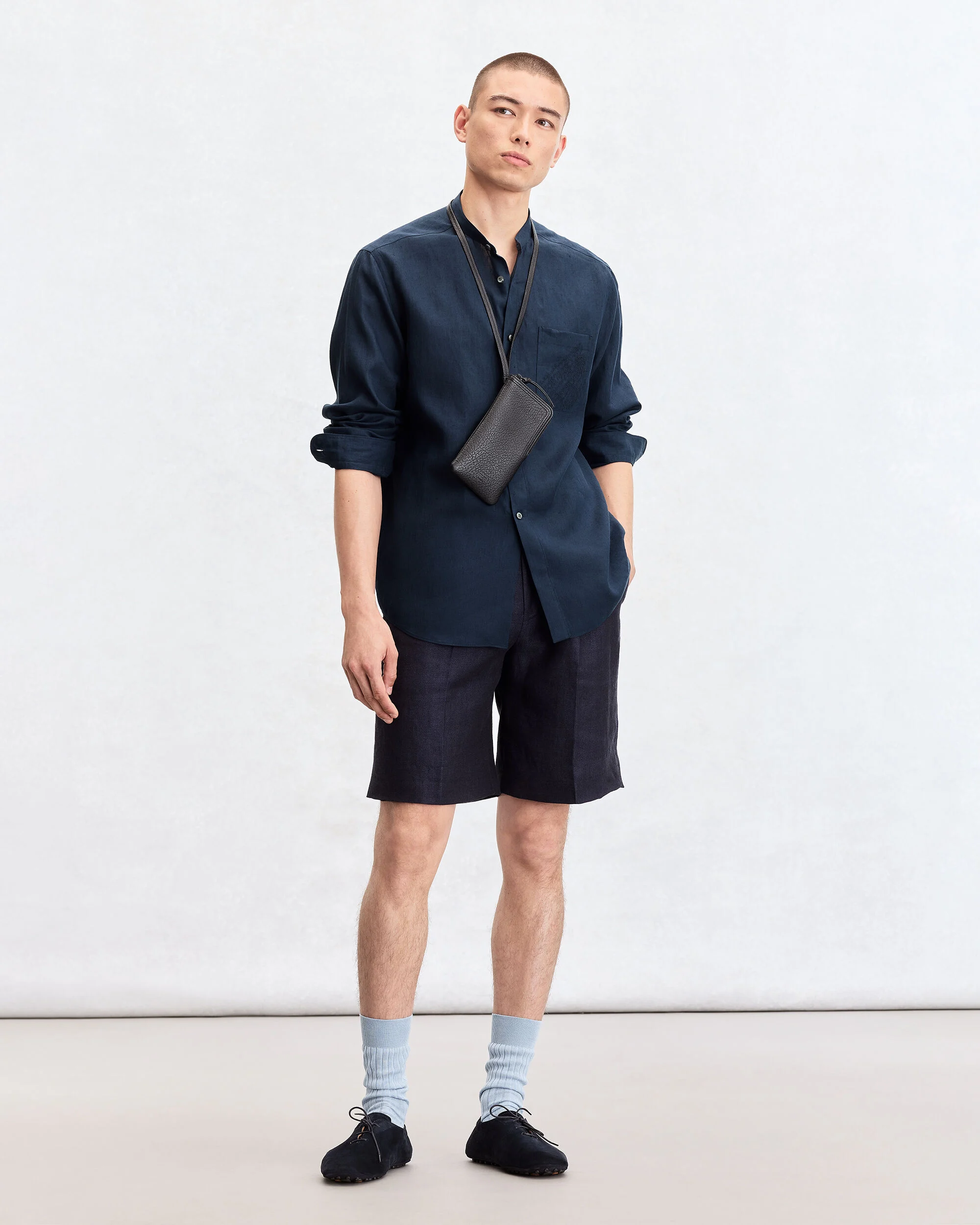 Officer Collar Shirt with Scritto Embroidery, Cold Night Blue, hi-res