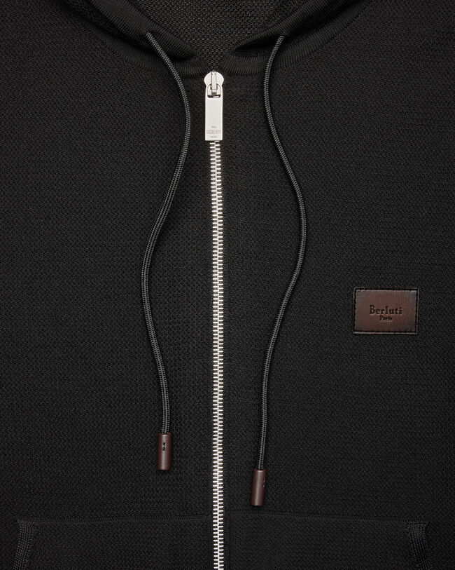 Shadow Zipped Hoodie with Leather Details, Noir, hi-res