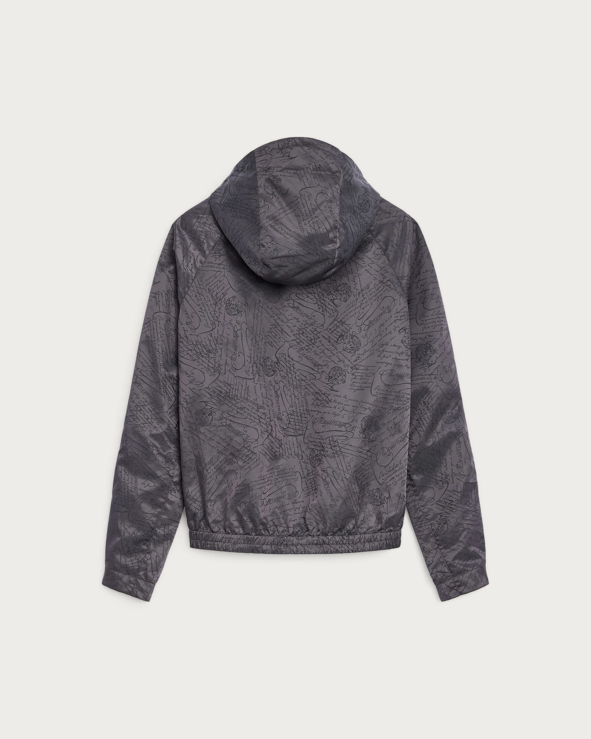 Scritto Pattern Hooded Blouson with Leather Details, Warm Grey, hi-res
