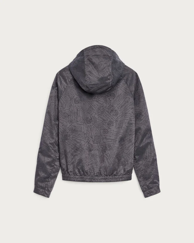 Scritto Pattern Hooded Blouson with Leather Details, Warm Grey, hi-res