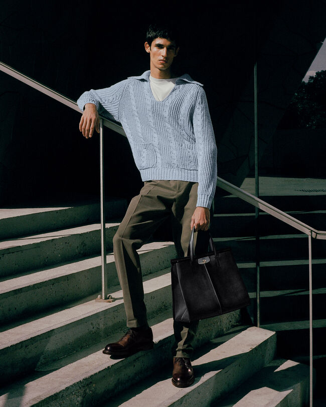 Cable Knit Vareuse with Leather Details, Periwinkle Blue, hi-res