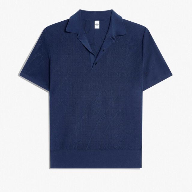 Polo Piqué Scritto En Coton Et Soie, RAW INDIGO, hi-res 1