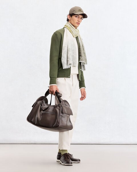 Blouson Aviateur en Maille avec D&eacute;tails en Cuir, Olive, hi-res