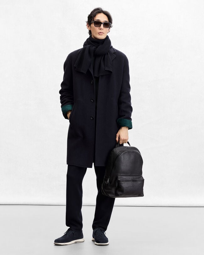 Shadow Knitted Scarf with Leather Details, Navy, hi-res