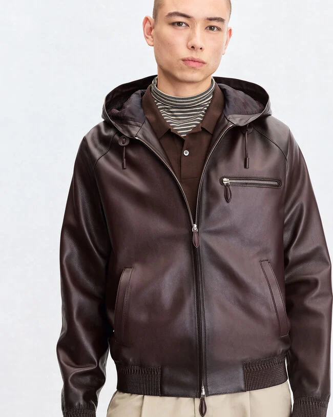 Leather Patina Un Jour Hooded Blouson, Fondant, hi-res