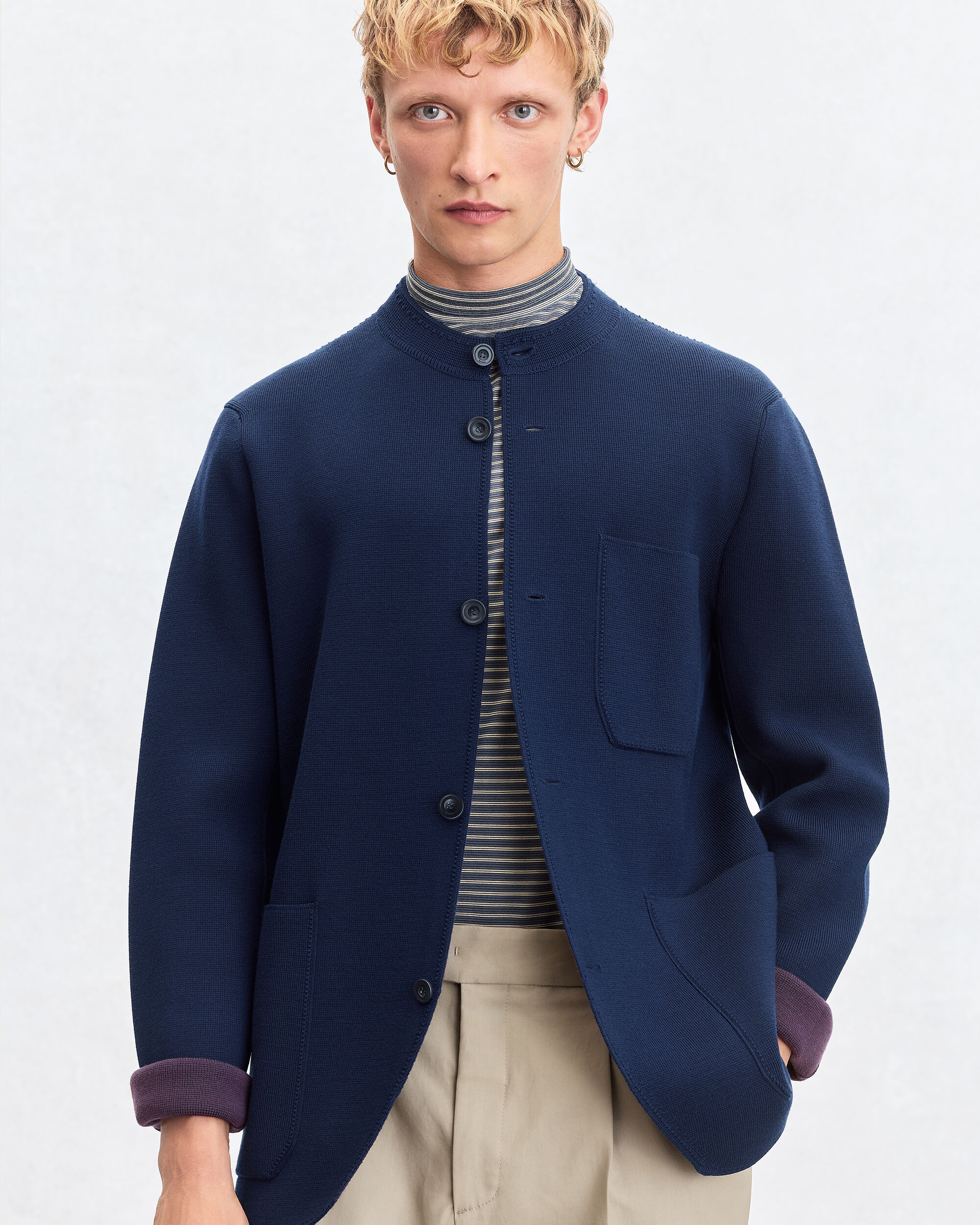 Bicolor Knitted Foresti&egrave;re with Leather Details, Navy & Purple, hi-res