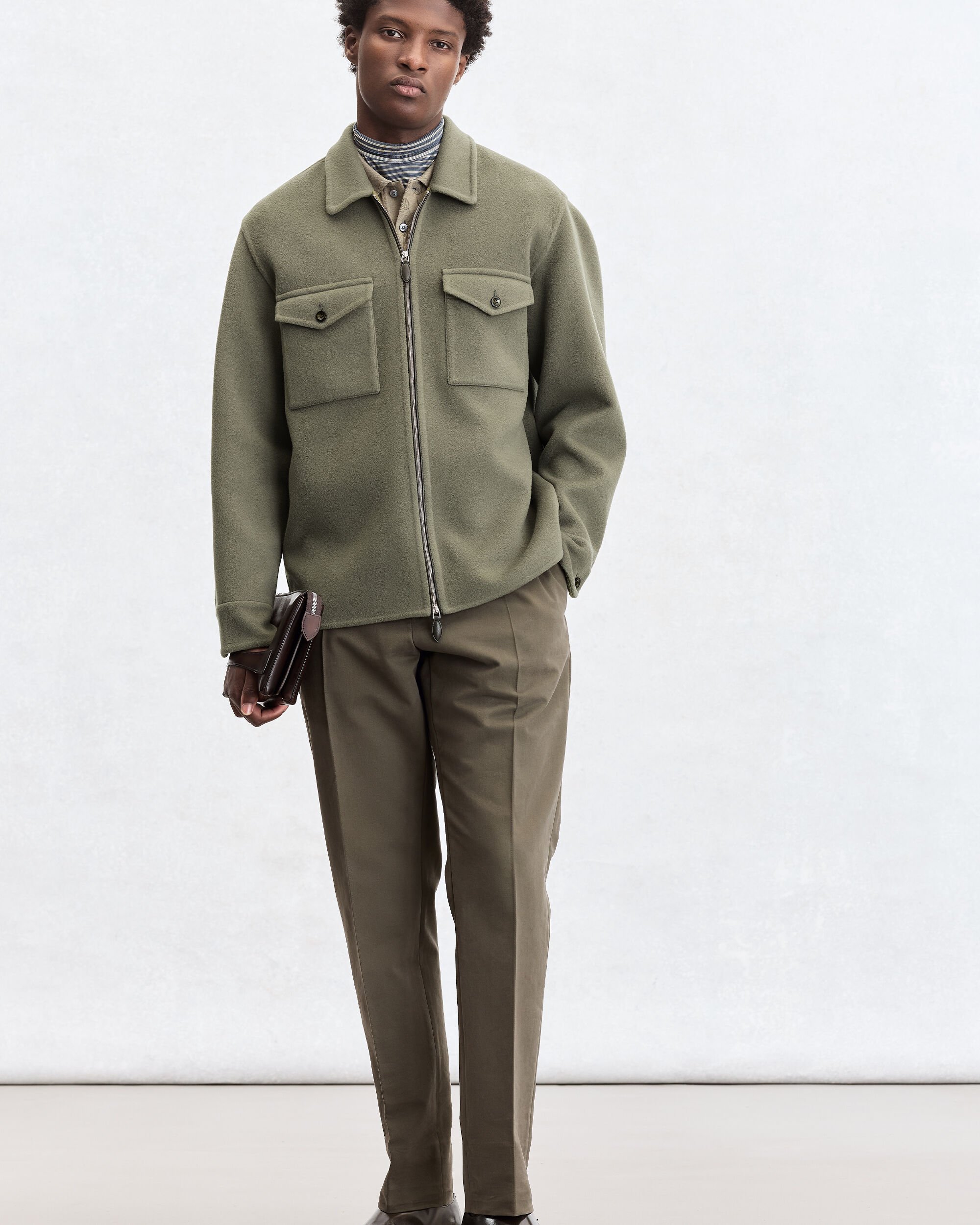 Double Face Zipped Overshirt with Leather Detail, Kaki & Internal Giant Scritto, hi-res