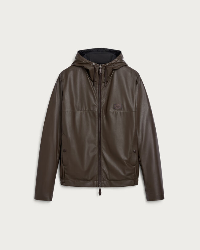 Ultralight Fly Leather Hooded Blouson, Brown Taupe, hi-res