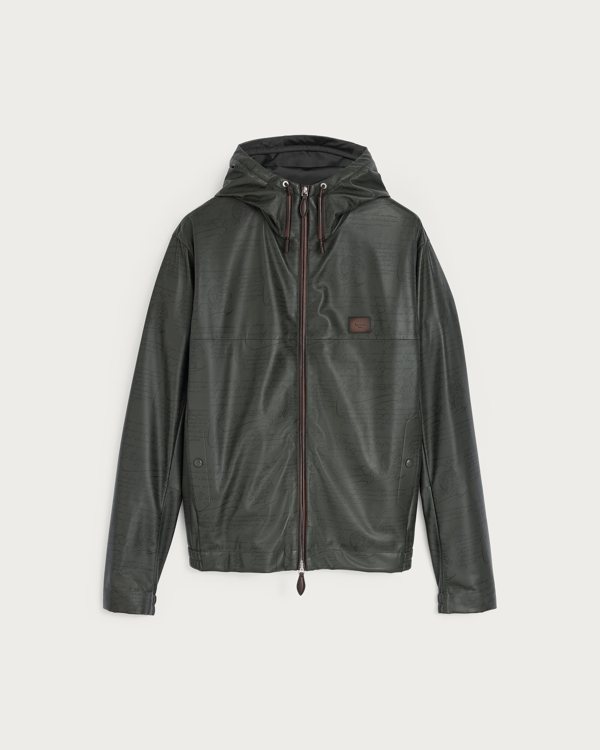 Ultralight Fly Scritto Pattern Leather Hooded Blouson, Graphite, hi-res