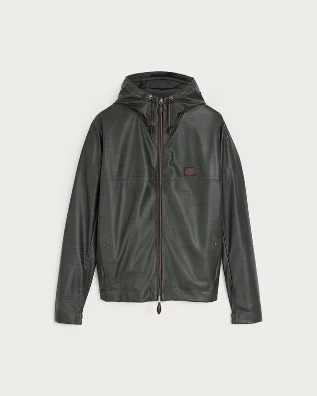 Ultralight Fly Scritto Pattern Leather Hooded Blouson, Graphite, hi-res