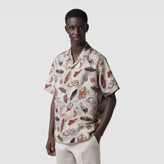 Linen And Cotton Printed Short Sleeves Shirt, ICONIC SUMMER BROWN, hi-res 3