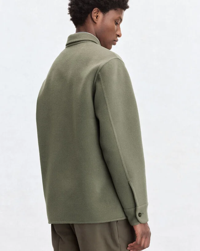 Double Face Zipped Overshirt with Leather Detail, Kaki & Internal Giant Scritto, hi-res