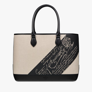 Toujours Scritto Canvas and Leather Tote Bag, BEIGE + BLACK, hi-res