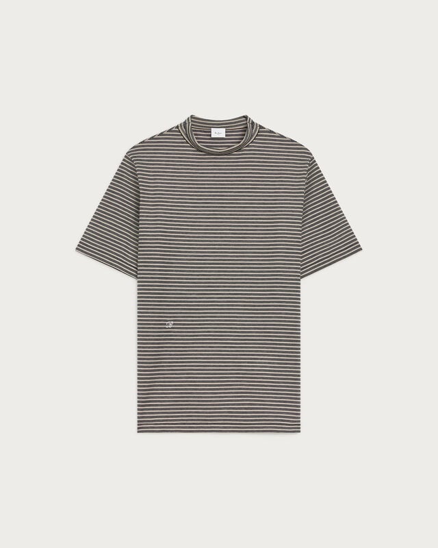 Mock-Neck T-Shirt with Stripes, Stripes Black & Taupe, hi-res