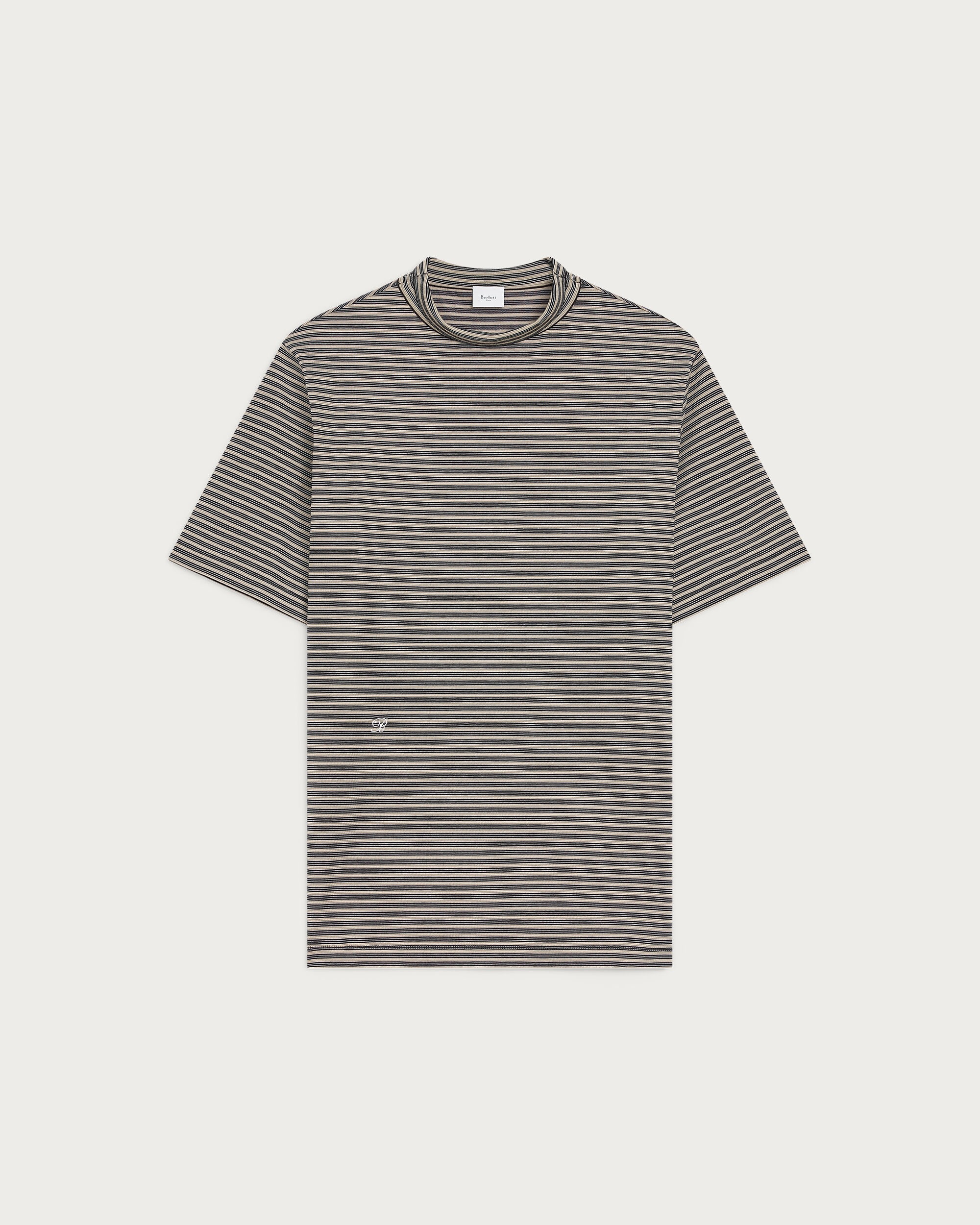 Mock-Neck T-Shirt with Stripes, Stripes Black & Taupe, hi-res