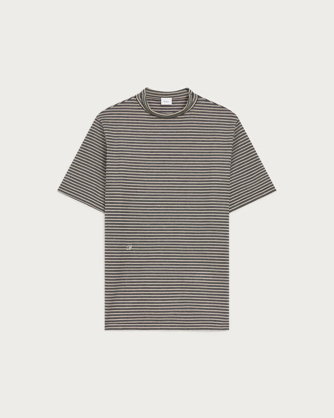 Mock-Neck T-Shirt with Stripes, Stripes Black & Taupe, hi-res