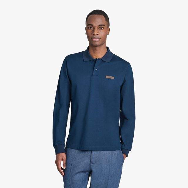 Classic Pique Leather Tab Long Sleeves Polo, ATLANTIC BLUE, hi-res 2